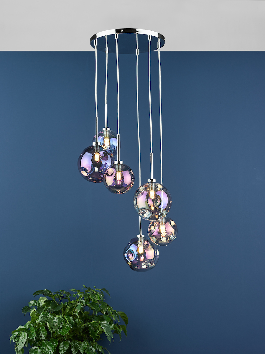 Mira 6 Light Cluster Pendant Polished Chrome Iridised Glass